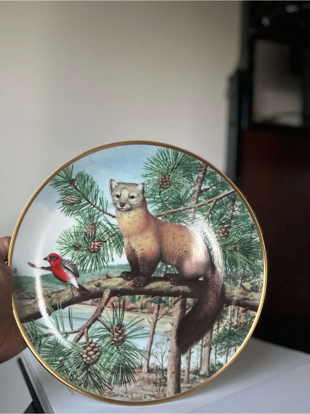 The woodland year vintage Pine Marten Bird Accent Plate in Green and Brown